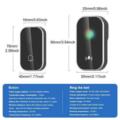 Wireless Smart Doorbell – 36 Ringtones, 300M Long Range, Battery-Free Outdoor Door Chime Kit with IP44 Waterproof
